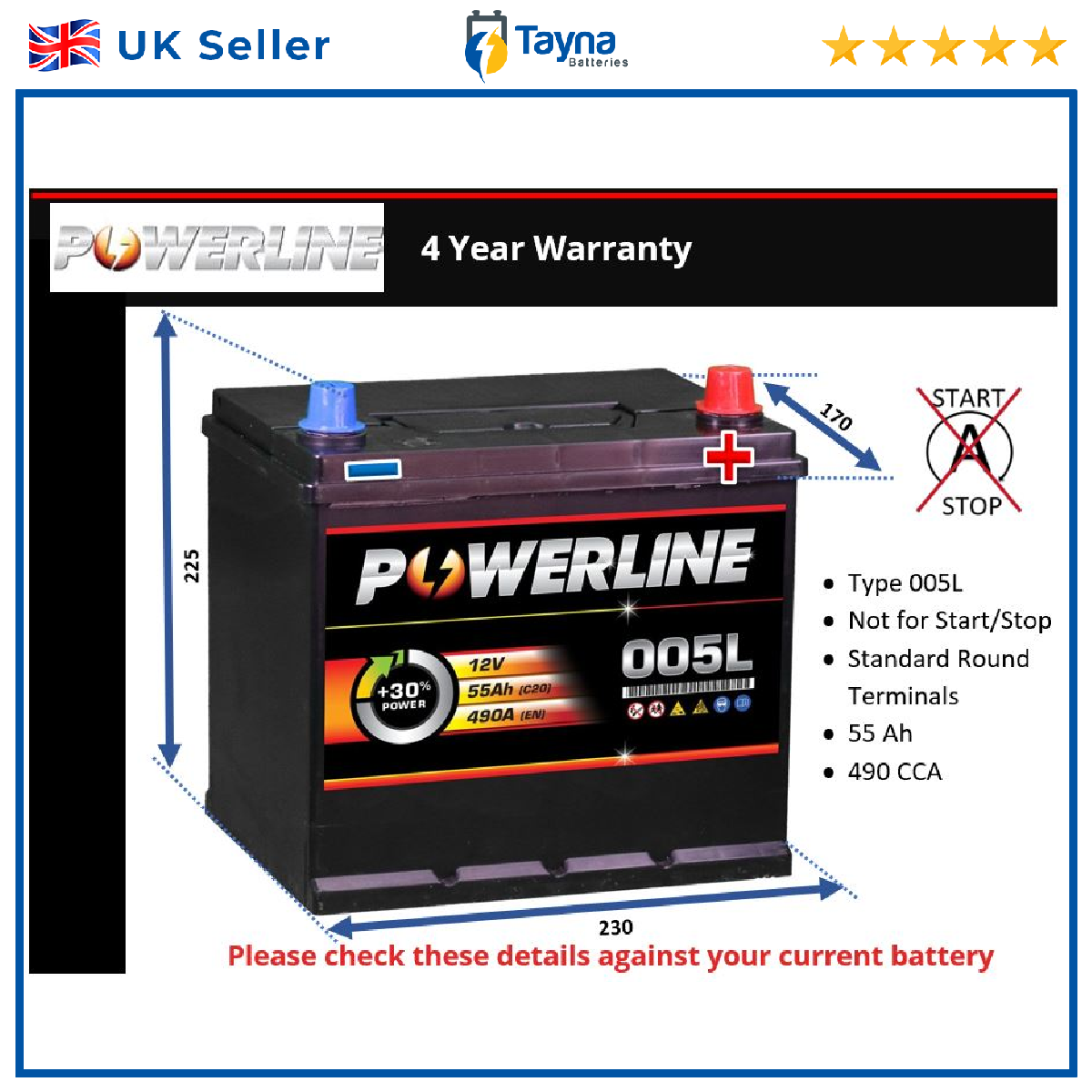 Battery fits NISSAN QASHQAI J10 1.6 2.0 1.5D 06 to 13 005L 490A 55Ah Powerline