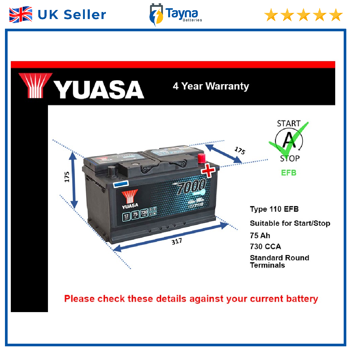 EFB Car Battery fits JEEP RENEGADE CHEROKEE LIBERTY GRAND CHEROKEE Yuasa - Image 12