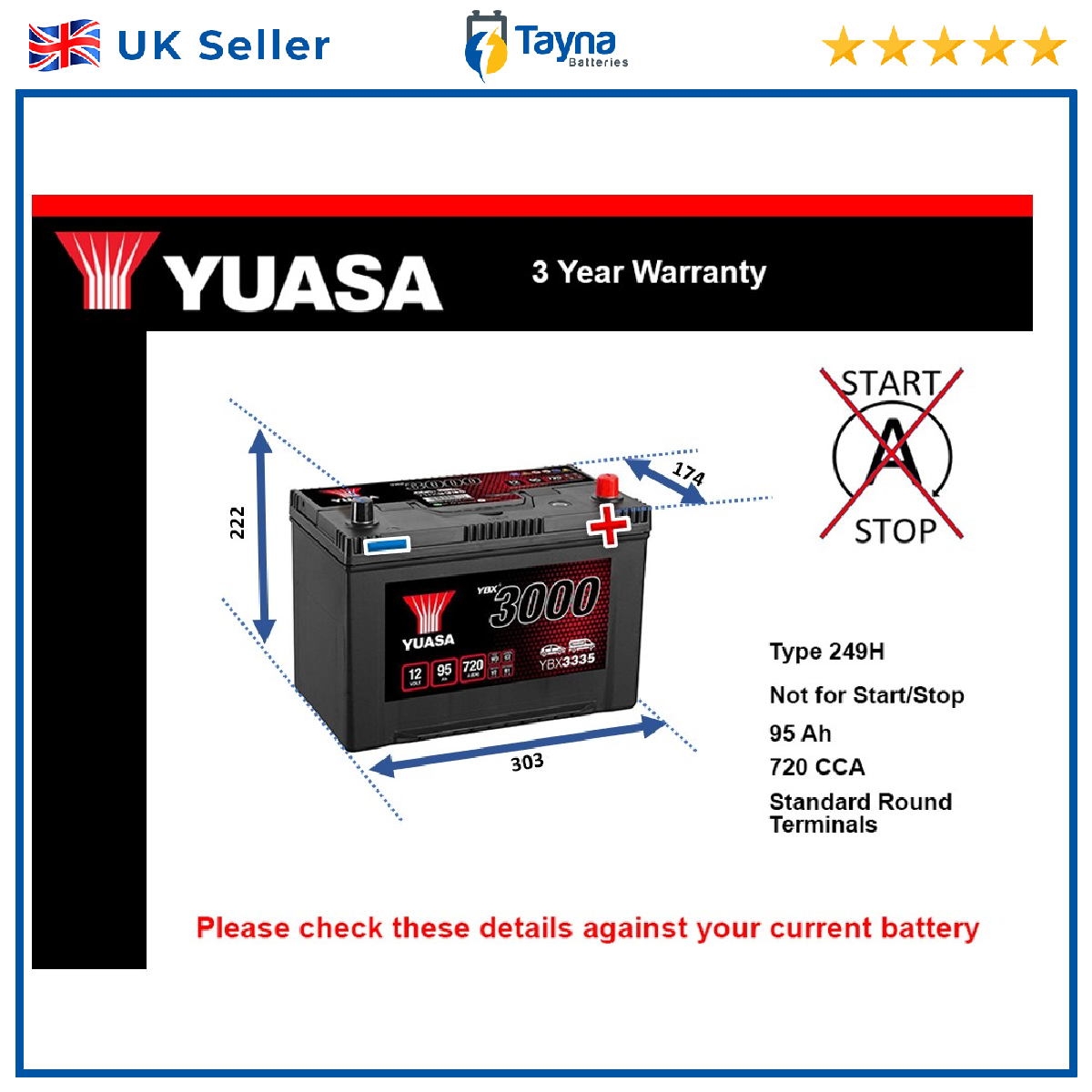 Car Battery YBX3335 Yuasa 249H 720A 95Ah 3Yr Warranty 303x174x222 SMF - Image 4