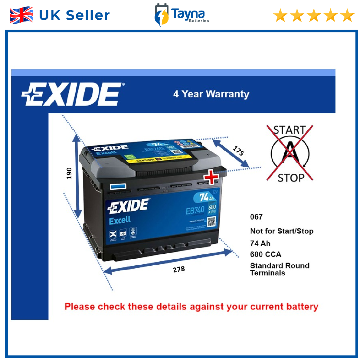 Battery fits PEUGEOT PARTNER RCZ 407 5008 508 307 308 806 607 Exide 067