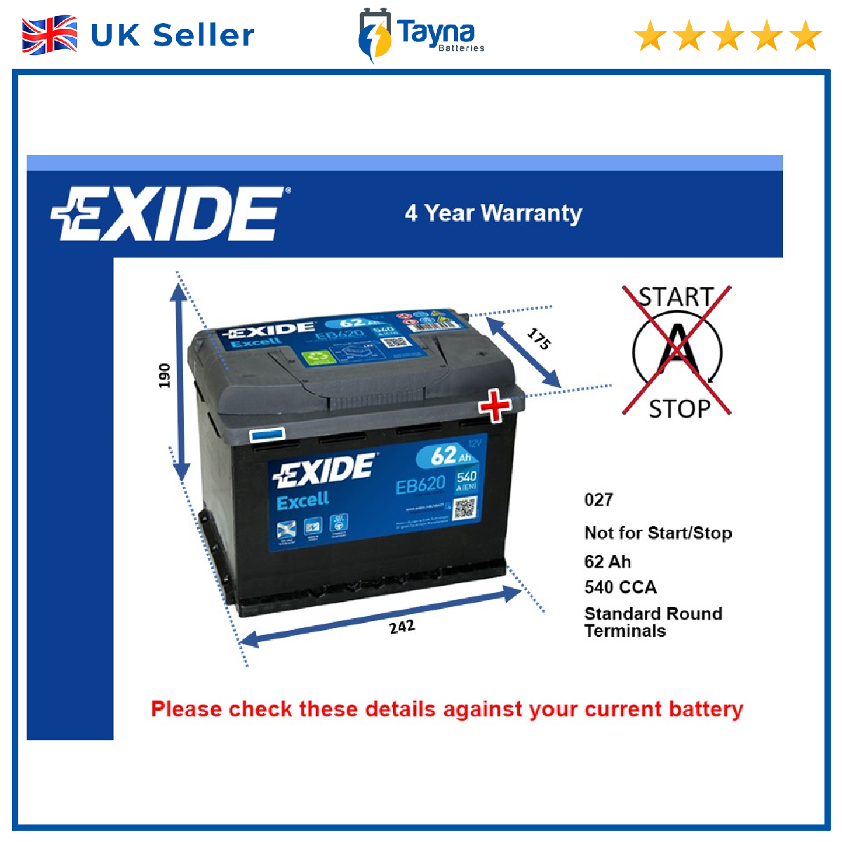 Battery fits FORD KA FIESTA FOCUS TRANSIT CONNECT MAVERICK GALAXY 027