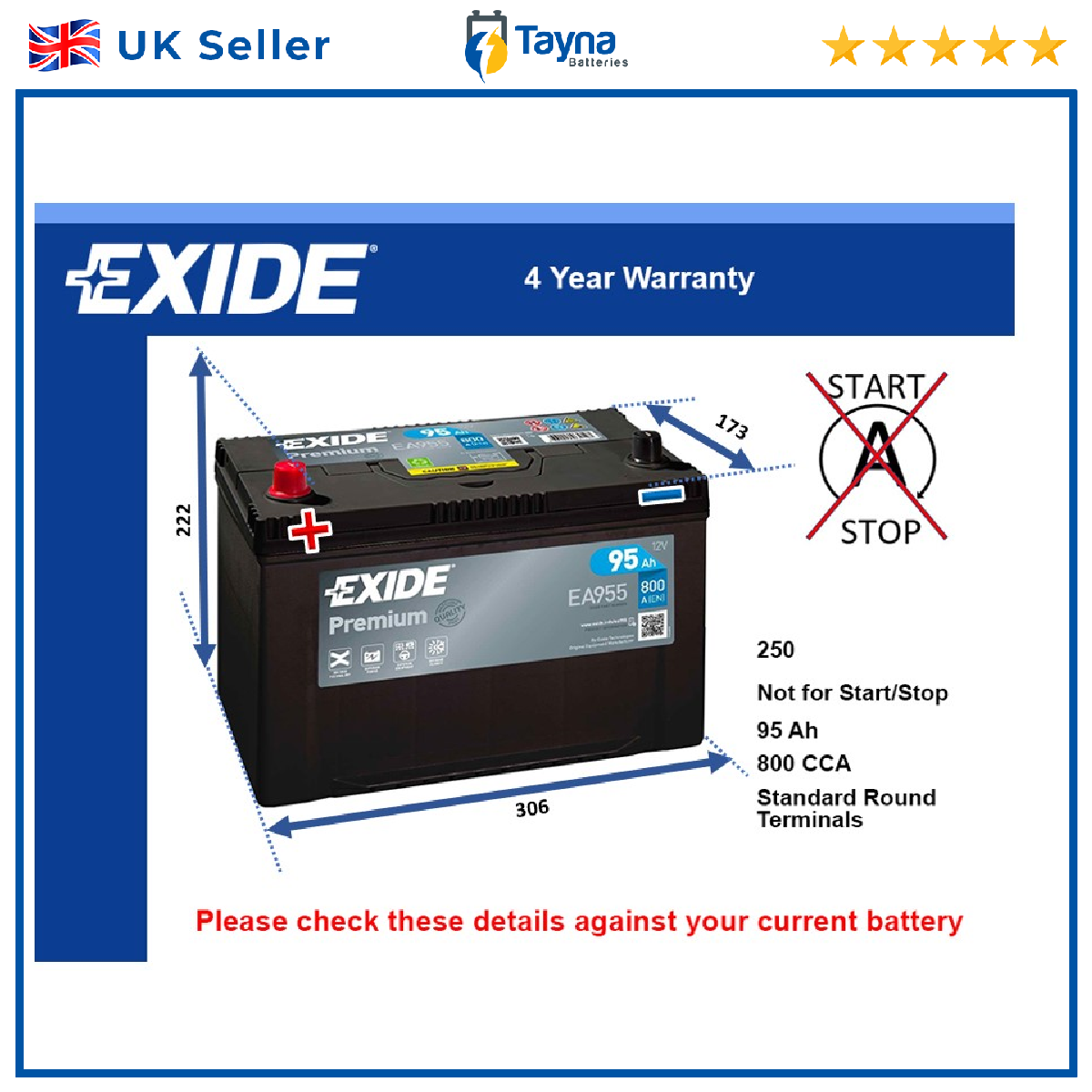 Battery fits ISUZU D-MAX Mk1, Mk2 2.5D 3.0D 07 to 18 Exide 250 800A 95Ah Quality