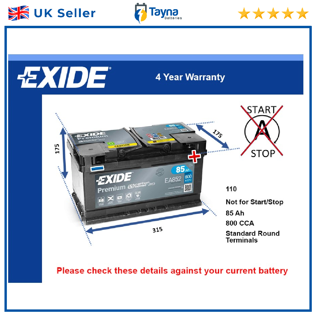 Exide Car Battery EA852 [PM397764]