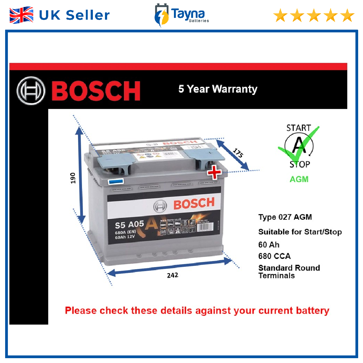 Bosch AGM Car Battery 0092S5A050 [PM1252832]