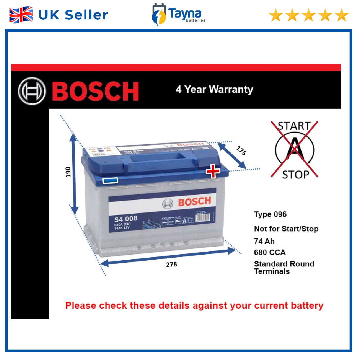 Battery fits FORD FIESTA FUSION KUGA C-MAX TRANSIT GRAND C-MAX Bosch 096