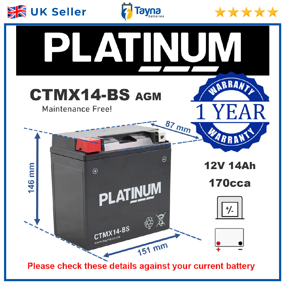 CTMX14-BS PLATINUM AGM Motorcycle Battery Replaces YTX14-BS - Image 5