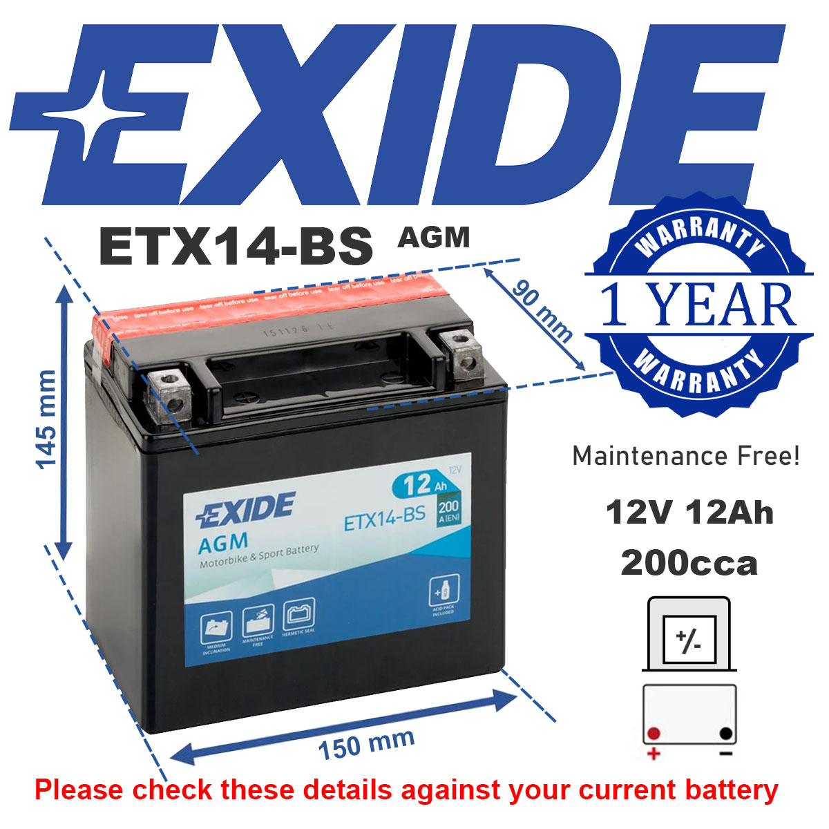 Exide AGM Motorcycle Motorbike Battery ETX14-BS Replaces YTX9BS