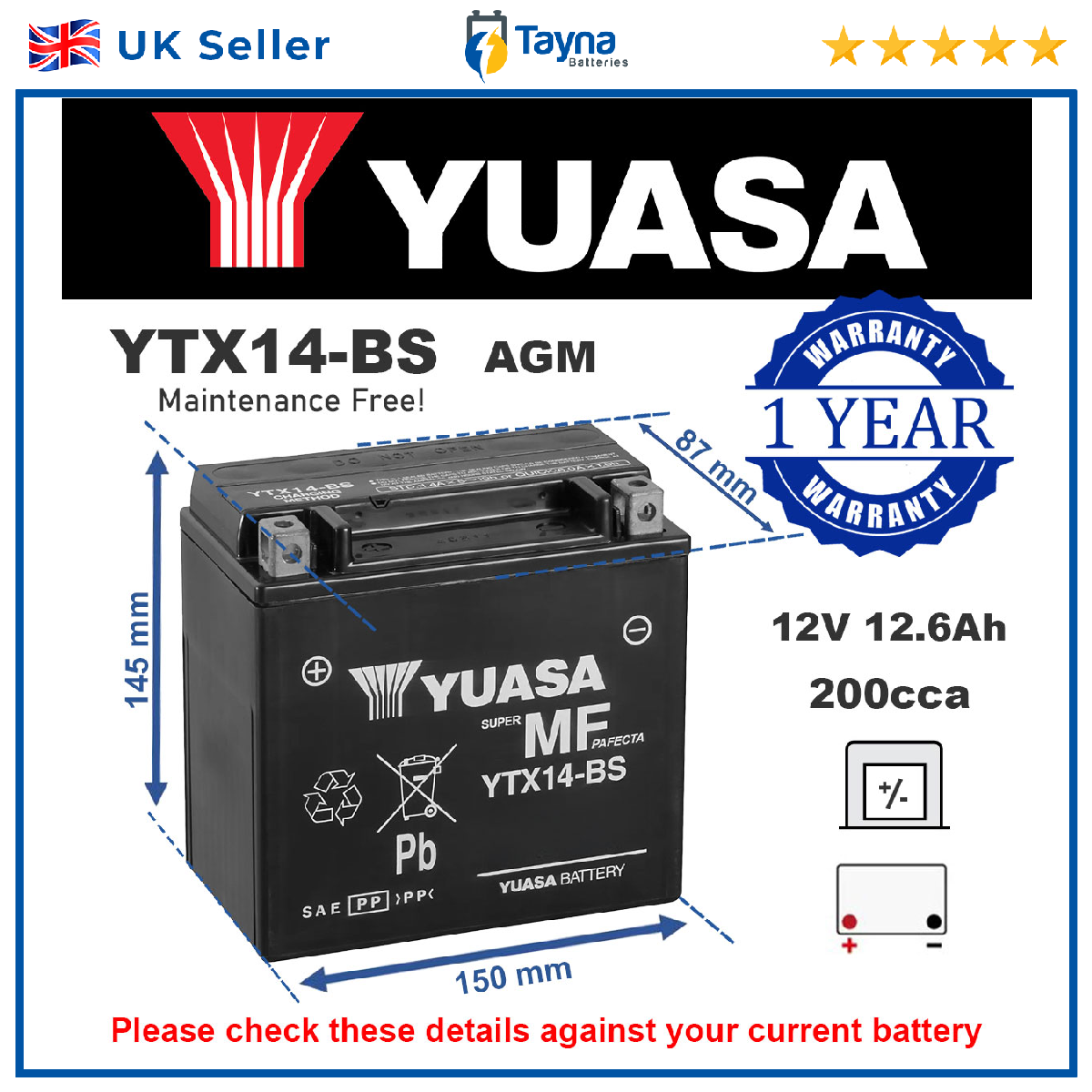 AGM Motorbike Battery for BMW S1000XR K1300 R1250GS F650GS Sport