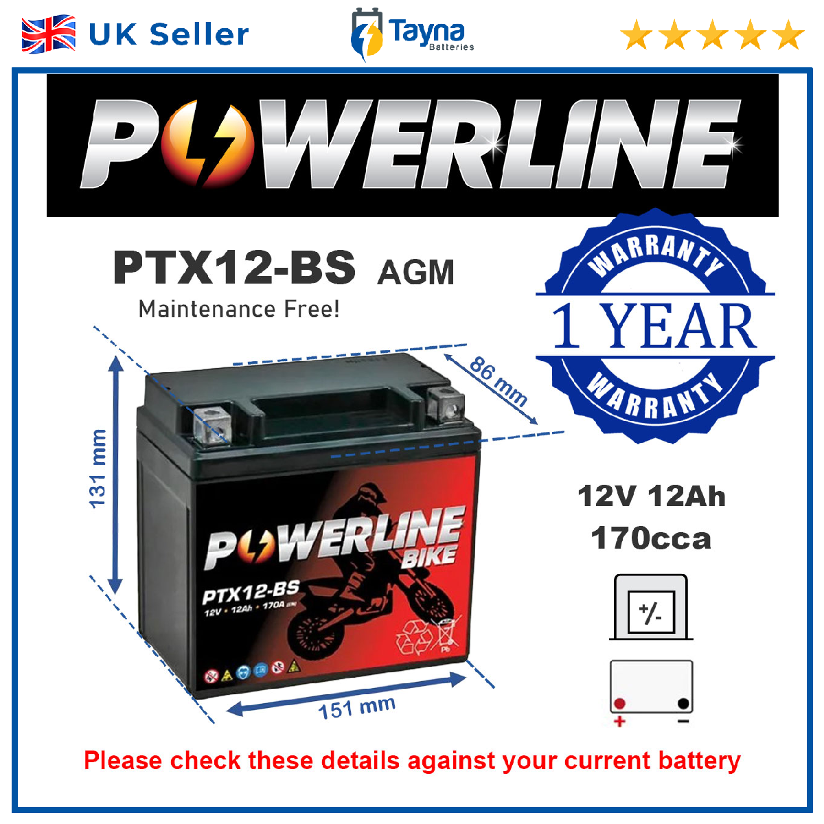 PTX12-BS Powerline Motorcycle Battery 12V 12Ah [PM2462268]