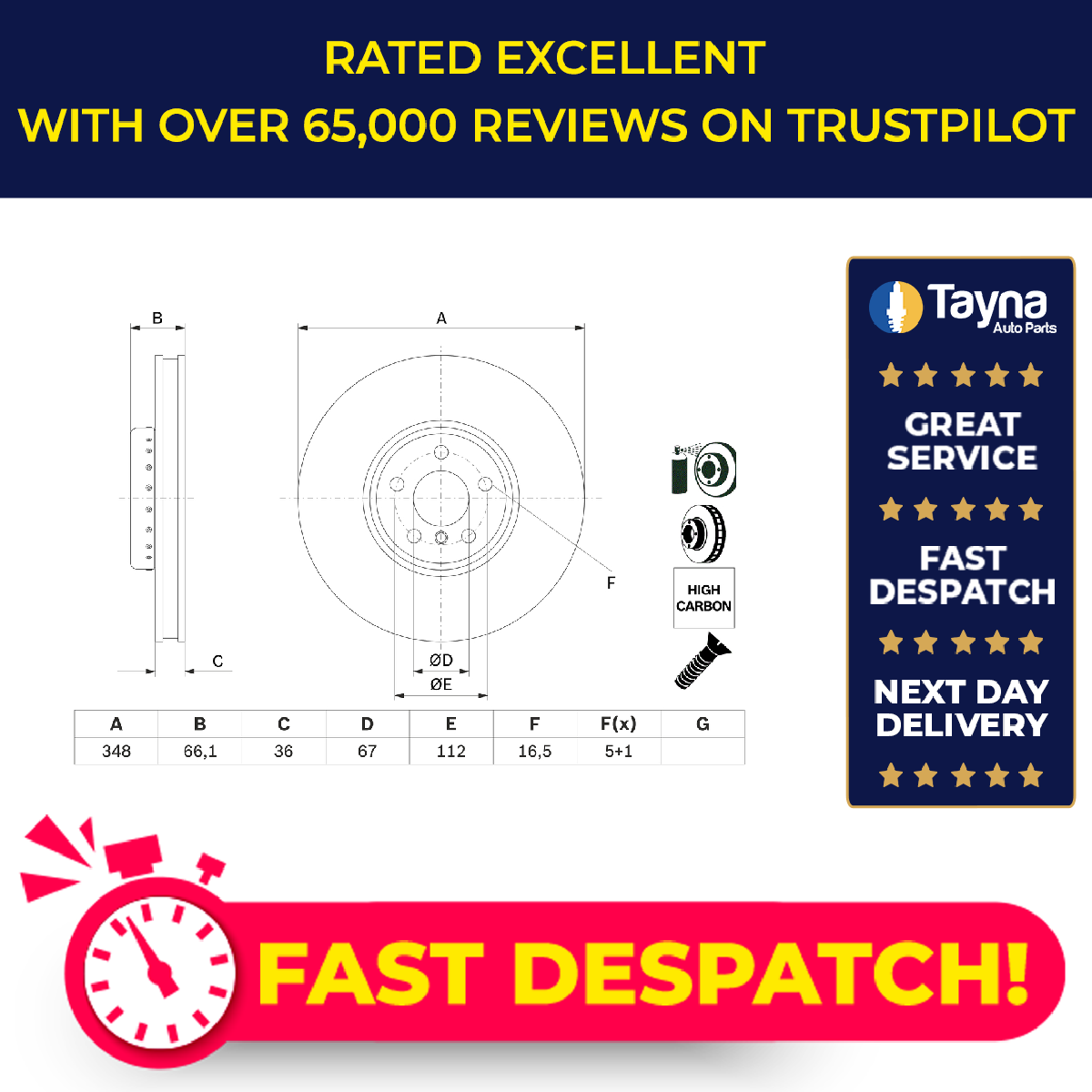 Brake Disc Single Vented fits BMW 520D G30, G31 2.0D Front Right 2017 on 348mm