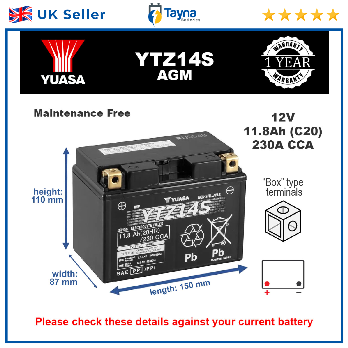 Yuasa AGM Motorcycle Battery YTZ14S [PM2410705]