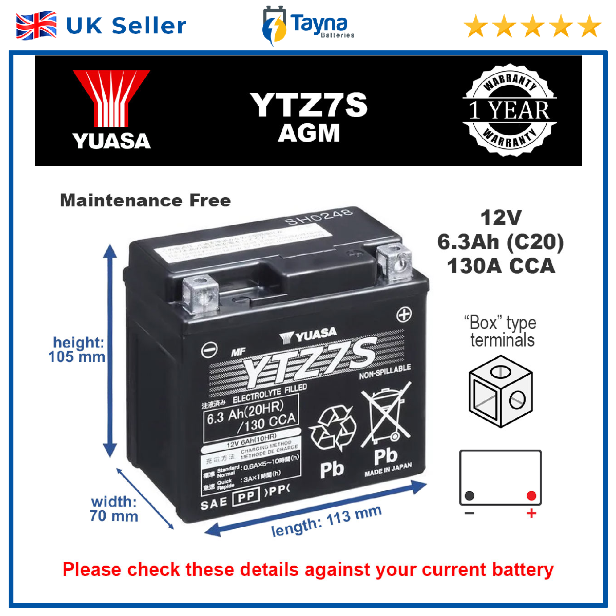 Yuasa AGM Motorcycle Battery YTZ7S [PM2410709]